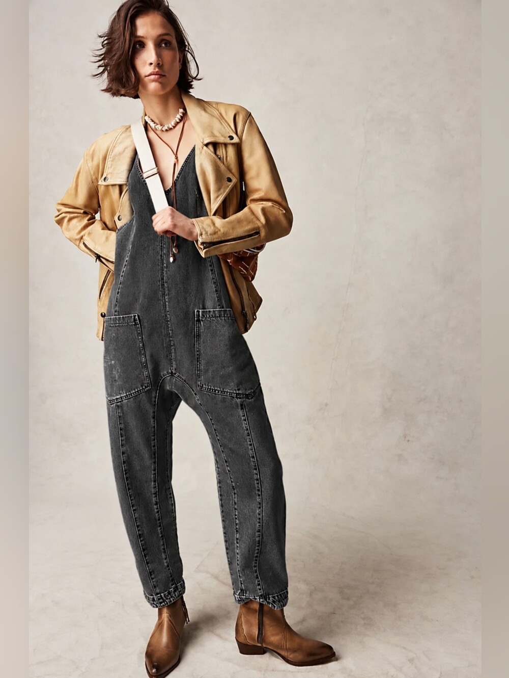 Free People We The Free High Roller Denim Jumpsuit Blue Large  Overalls